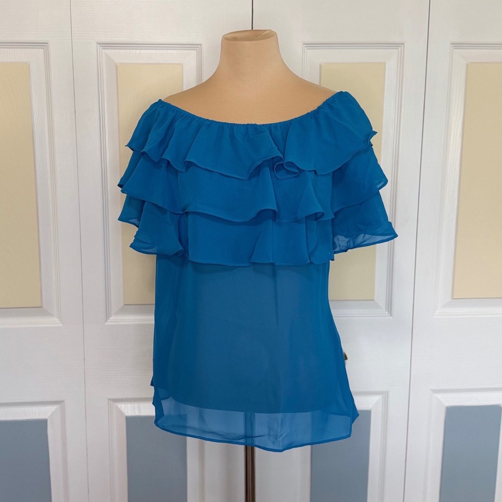Metrostyle Womens Teal Blue Ruffle Off Shoulder Chiffon Tiered Blouse Size 12
